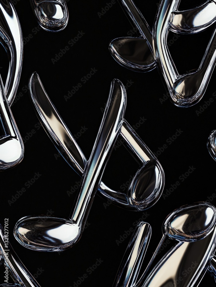 Poster metallic musical notes pattern on a black background rendered with reflections and highlights