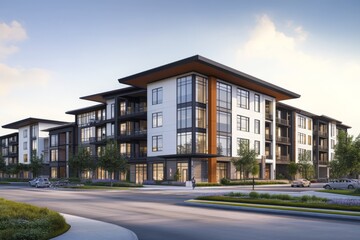 Obraz premium Modern apartment complex under clear blue sky in urban setting with landscaping and vehicles parked nearby
