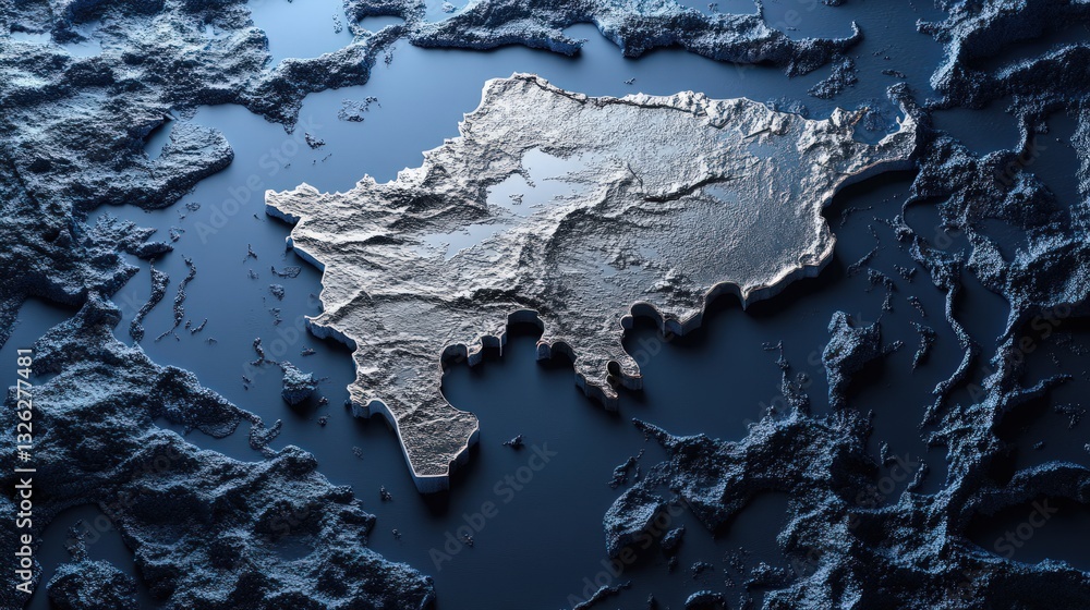 Poster abstract metallic map floating on textured dark blue surface with reflective light and pixelated det