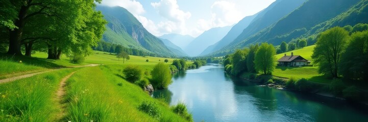 Obraz premium Serene river meanders through vibrant green valley, stream, environment, beautiful
