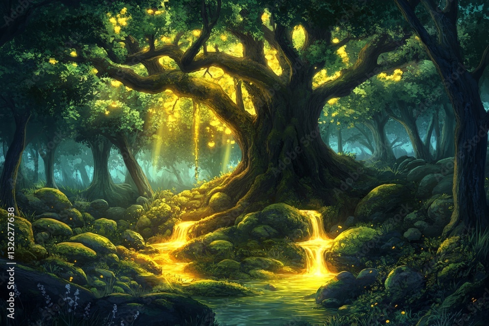 Poster enchanted forest clearing with shimmering streams and glowing foliage at twilight