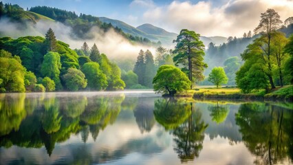 Obraz premium Lush greenery and misty morning atmosphere in the English Lake District Park with a serene lake view surrounded by towering trees, nature, lakes