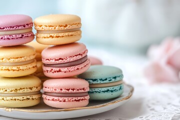 Fototapeta premium Colorful macarons arranged on a decorative plate highlighting pastel hues and intricate details of each sweet treat