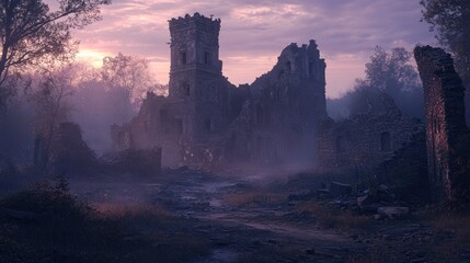 Fototapeta premium Eerie Sunset Over Ancient Ruins A Hauntingly Beautiful Landscape for Fantasy and Adventure The