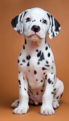 Close up of a cute, young Dalmatian dog. Solid orange background.