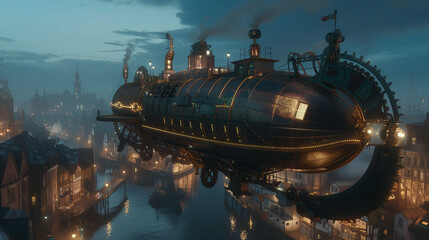 A majestic airship with intricate steampunk elements hovers above a Victorian city, filled with detailed buildings and winding streets.