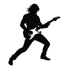 Silhouette of an Electric Guitarist in Action, Dynamic Black Vector Illustration of a Musician Playing Guitar on a White Background