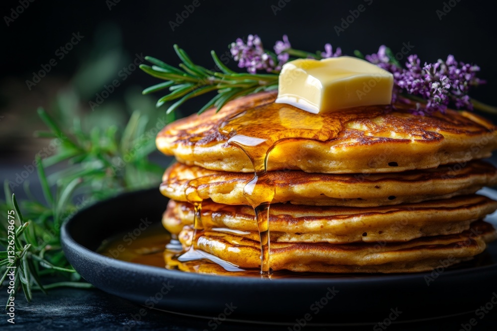 Poster fluffy pancakes drizzled with syrup and topped with butter and herbs on a dark background