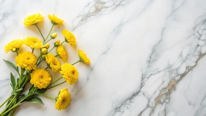 Feminine Yellow Floral Flat Lay on Marble Background with Copy Space