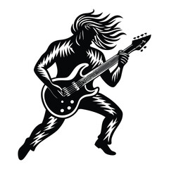 Silhouette of an Electric Guitarist in Action, Dynamic Black Vector Illustration of a Musician Playing Guitar on a White Background
