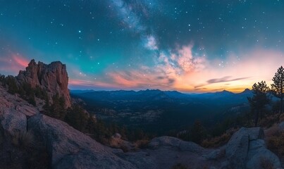 a stunning nightscape with the Milky Way galaxy shining brightly over a mountainous terrain and the horizon is filled with vibrant colors