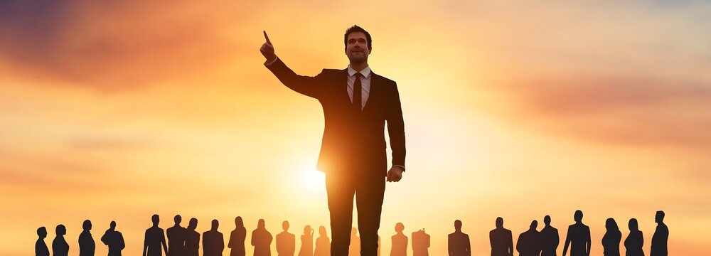 The Guiding Vision: A poised leader stands before a group, his silhouette dramatically defined against a radiant sunset. He confidently points the way forward.