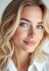 A confident blonde woman with blue eyes and radiant skin, smiling in a white blouse.

