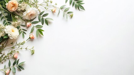 Fototapeta premium Flat Lay Floral Branches, Natural Organic Decor, White Background, Copy Space