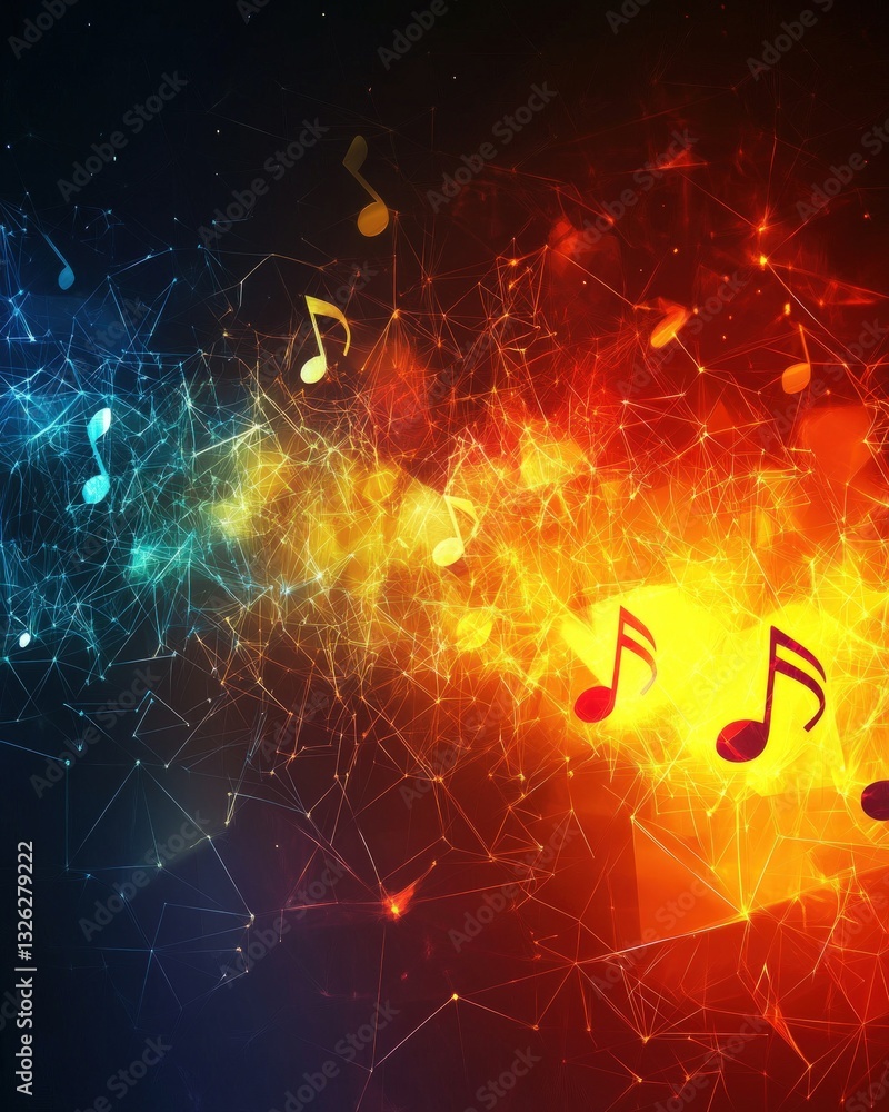 Poster abstract musical composition with floating notes in a vibrant color explosion with a futuristic aest