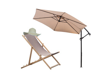 beach umbrella, sun hat and deck chair isolated on a white background