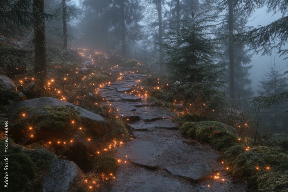 Poster Twilight walk along a misty forest path illuminated by tiny lights and surrounded by tall trees