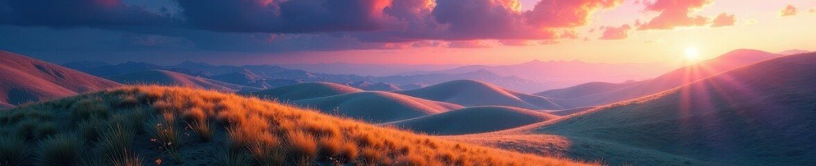 Rolling hills of cosmos, diverse colors, soft light, hills, photography