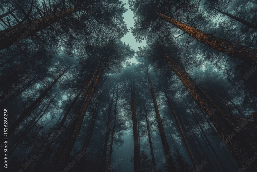 Poster cloudy sky viewed from below tall trees in dense forest during early morning