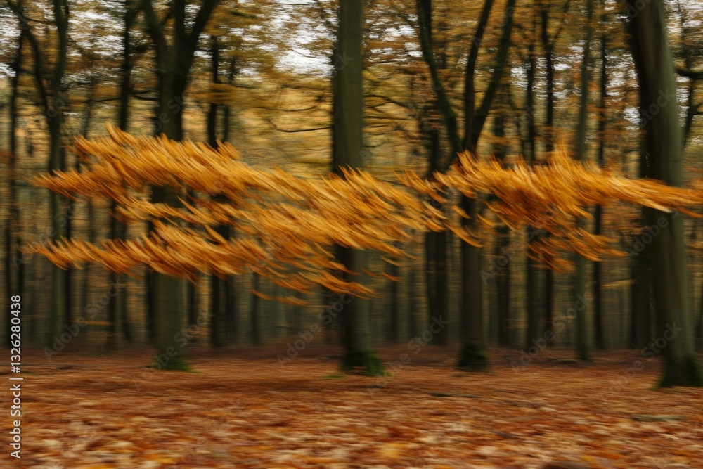 Poster vibrant autumn leaves dancing in the gentle breeze within a serene forest setting in late afternoon