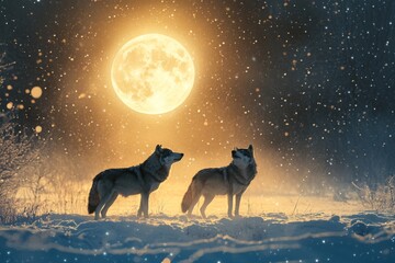 Two wolves gaze at a full moon on a snowy night amidst falling snowflakes in a serene winter landscape