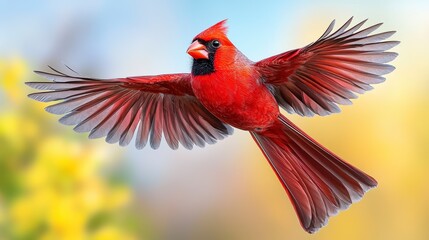 Fototapeta premium Majestic red bird in flight soaring through the clear blue sky with outstretched wings displaying vibrant feathers