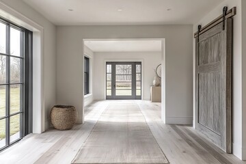 Obraz premium Spacious entryway with modern decor and natural light in a contemporary home design