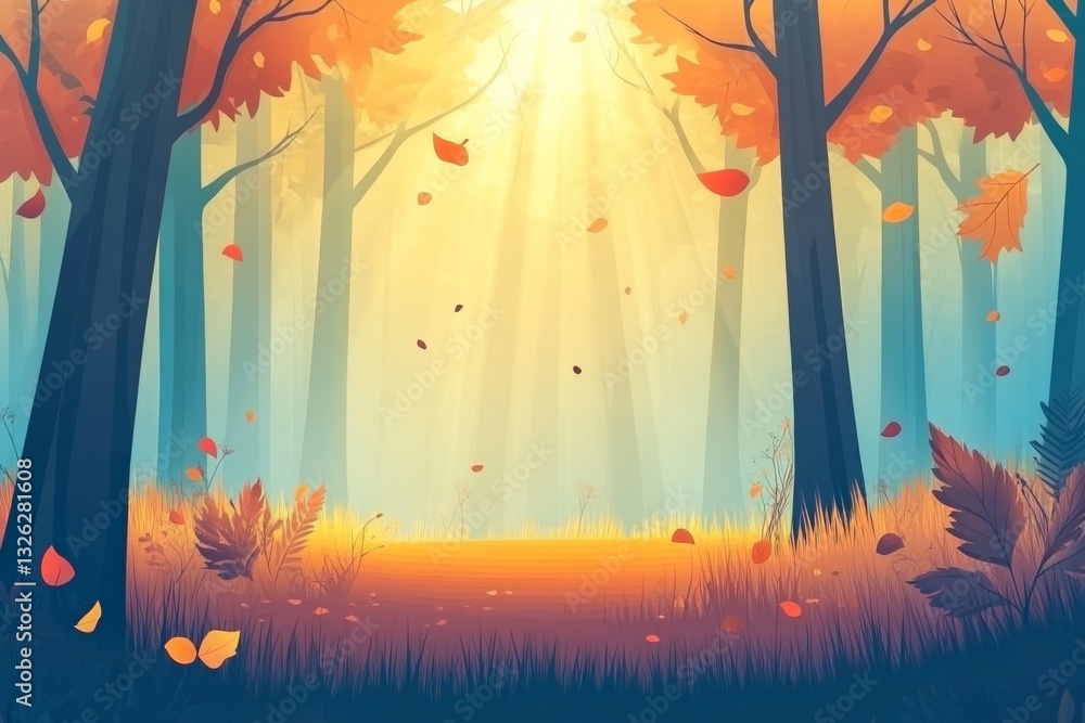 Poster beautiful autumn forest with golden sunlight filtering through trees creating a serene atmosphere
