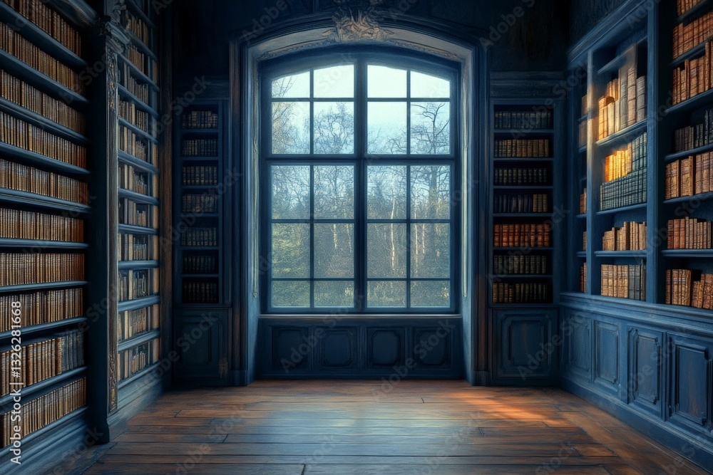 Poster library interior with large window overlooking nature in soft afternoon light