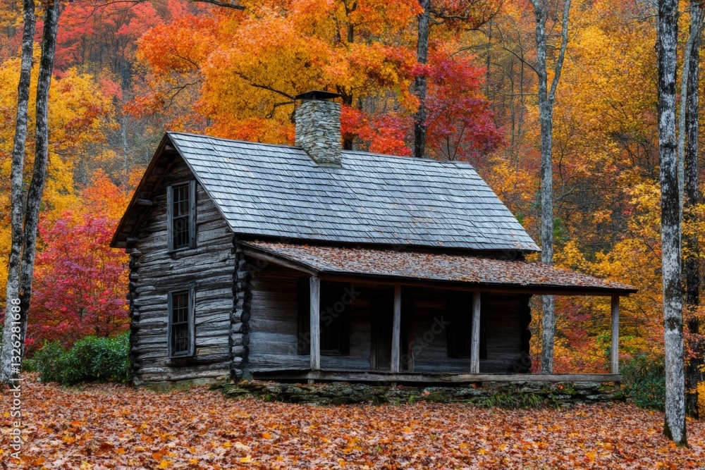 Poster old log cabin surrounded by vibrant autumn foliage in a serene forest setting