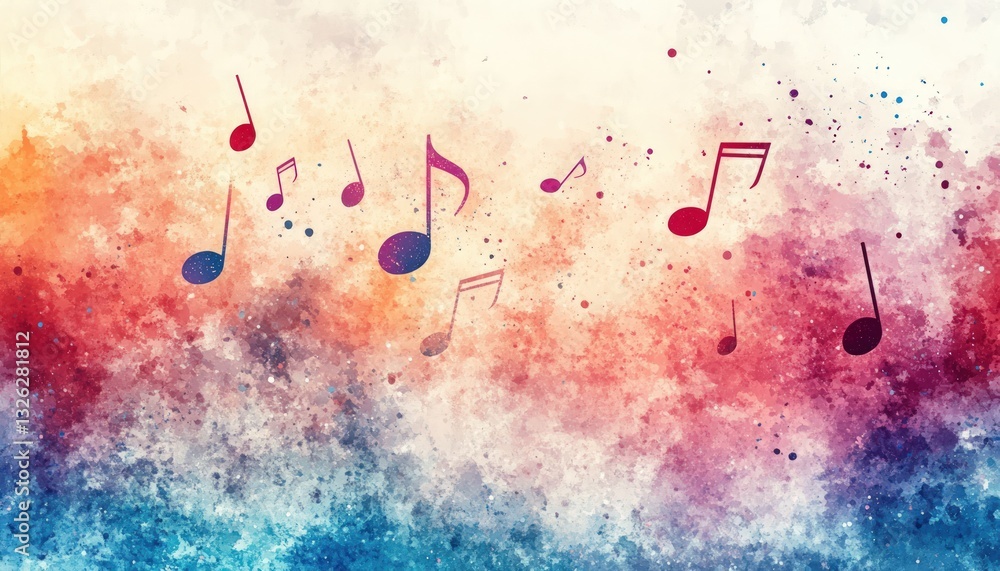 Poster Watercolor music notes floating on colorful abstract background with bright color splash artistic composition