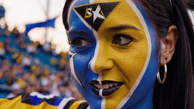 Smiling Saint Lucian woman with face painted in Saint Lucia national colors at a sports stadium, passionate football supporter celebrating  
