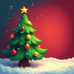 Obraz premium Retro cartoon smiling Xmas tree with colorful ornaments, holiday greeting , holiday, christmas