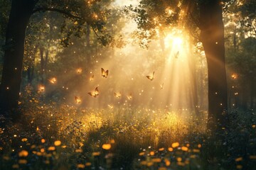 Obraz premium Sunlight streams through trees, illuminating butterflies in a serene forest setting during early morning hours