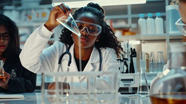 Diverse female students engage in chemistry experiments while studying mathematical equations in a lab, mathematical equations over diverse female students doing experiment in lab