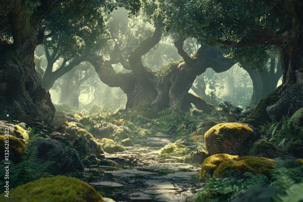 Aufkleber exploring a mystical forest with ancient trees, lush greenery, and a serene pathway under soft light