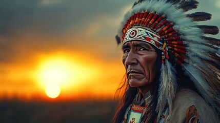 Obraz premium An eagle-headed Native American chief in a beautifully feathered headdress, gazing at the horizon