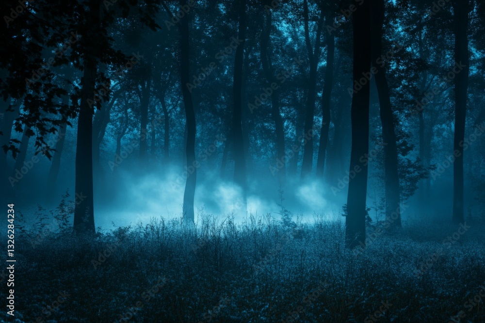Poster Mysterious fog envelops a dark forest at twilight, creating an enchanting and eerie atmosphere among the trees