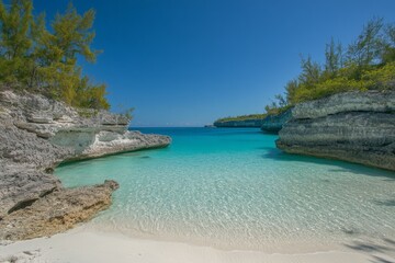 Fototapeta premium Crystal clear turquoise waters and serene beach surrounded by rugged cliffs on a sunny day