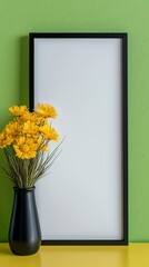 Vibrant yellow table with a beautiful vase of colorful flowers set against a stylish cabinet for eye-catching decor