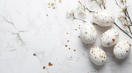 Obraz premium Modern artistic Easter card, white marble background, subtle gold calligraphy