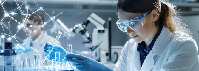 Scientific Investigation in Lab: A focused scientist, garbed in protective eyewear and a lab coat, meticulously examines a scientific sample within a modern laboratory setting.