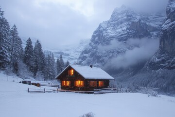 Cozy cabin illuminated in snowy mountain landscape during twilight hours in winter season