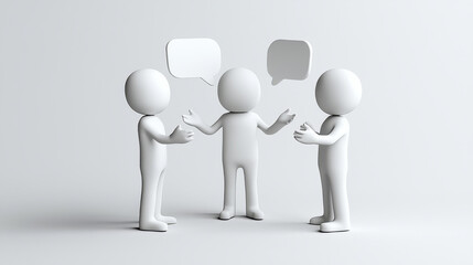 Three 3D figures engaged in conversation with speech bubbles, symbolizing communication and teamwork