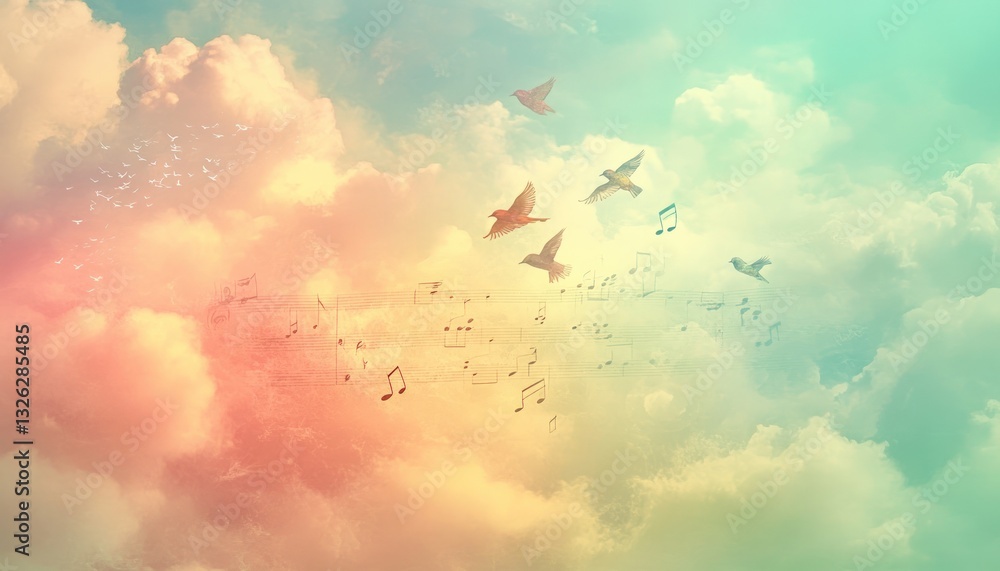 Poster colorful birds soaring through pastel clouds creating an artistic display with ethereal lighting and