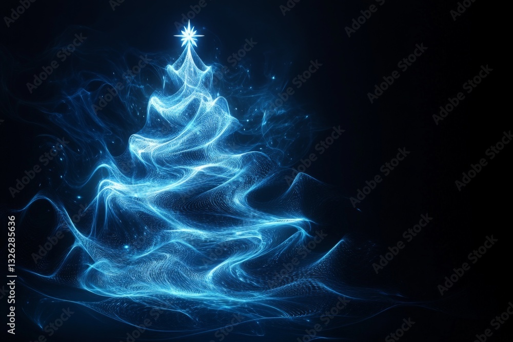 Poster glowing blue christmas tree with sparkling star against dark background creating festive atmosphere