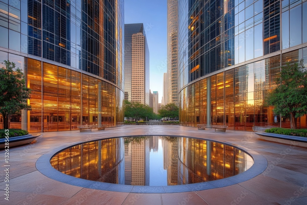Poster Urban reflection in modern skyscrapers at dawn showcasing glass architecture and serene water feature