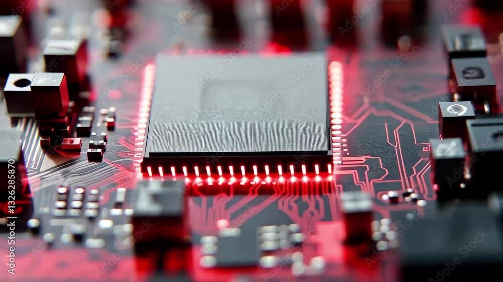 Poster computer code processing on a black and red circuit board with intricate designs and glowing element