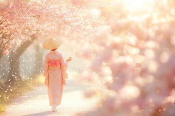 Cherry Blossom Festival Celebration With a Woman in Traditional Attire During Spring in a Scenic Park