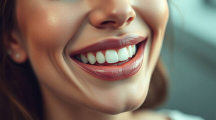 Obraz premium Closeup of smiling young woman with healthy teeth. Portrait of beautiful female model.